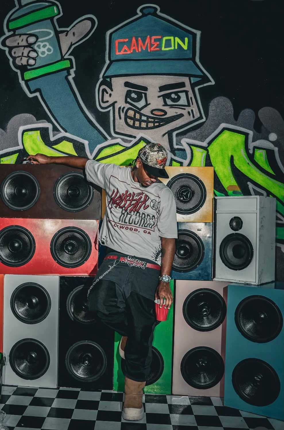 Vulture against a wall of speaker cabinets.