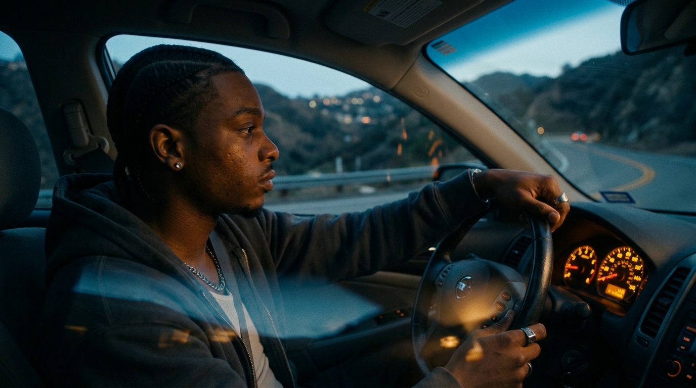 Vulture driving a canyon road at dusk, amber dash glow on his face, valley lights behind.