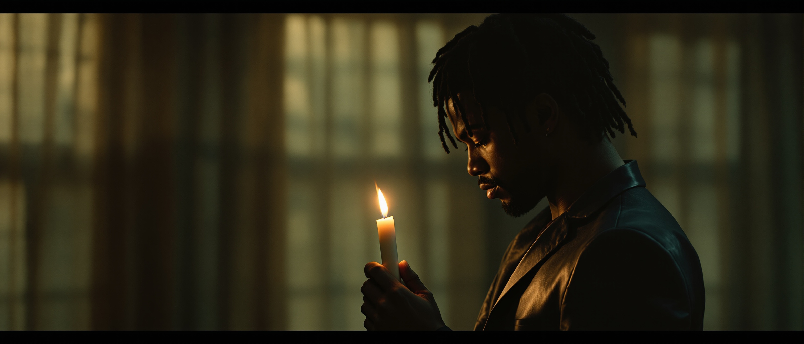 A man in silhouette holds a single lit birthday candle close to his chest, warm light against a cold blue window behind him.