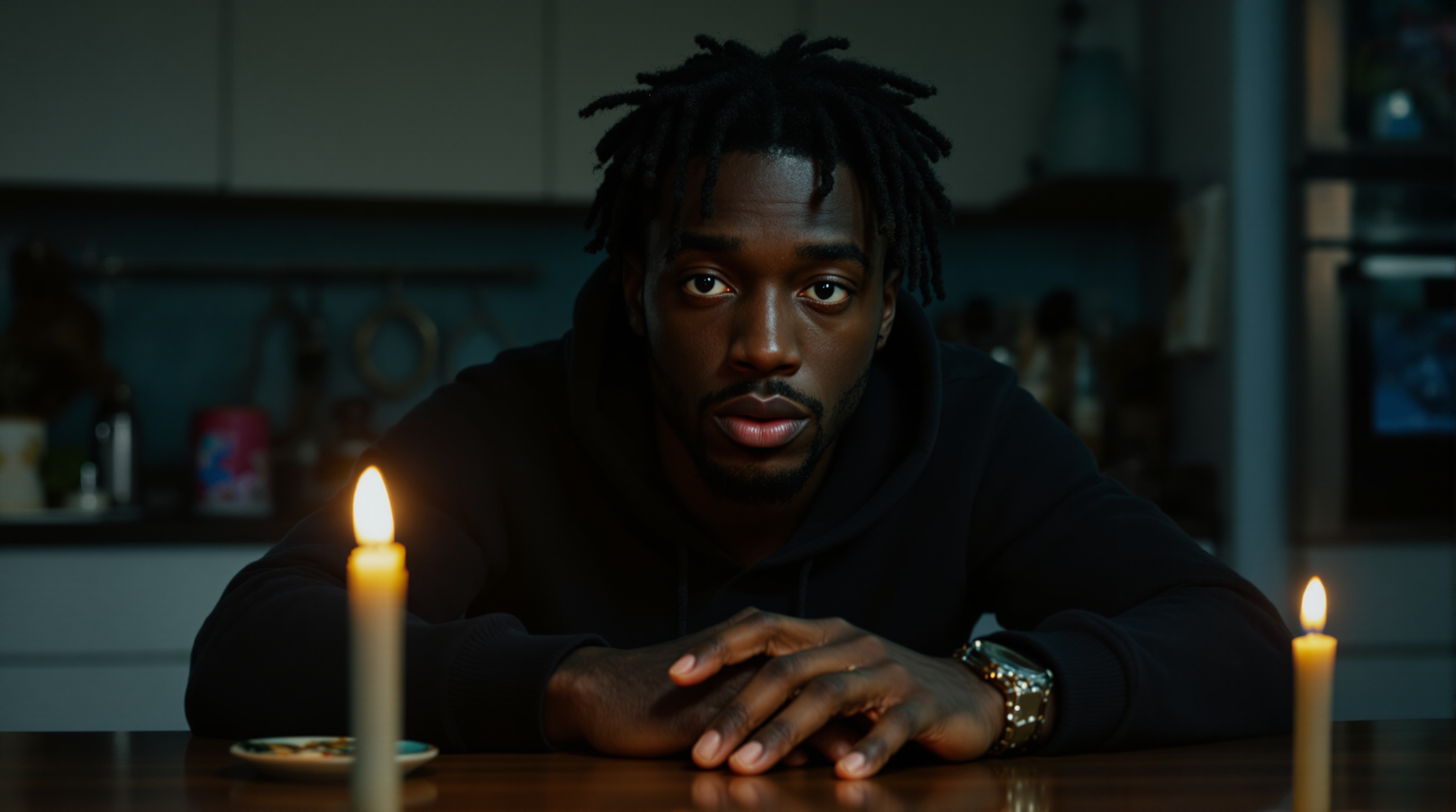 A man at a candlelit kitchen table, hands folded, holiday lights blurred behind him.