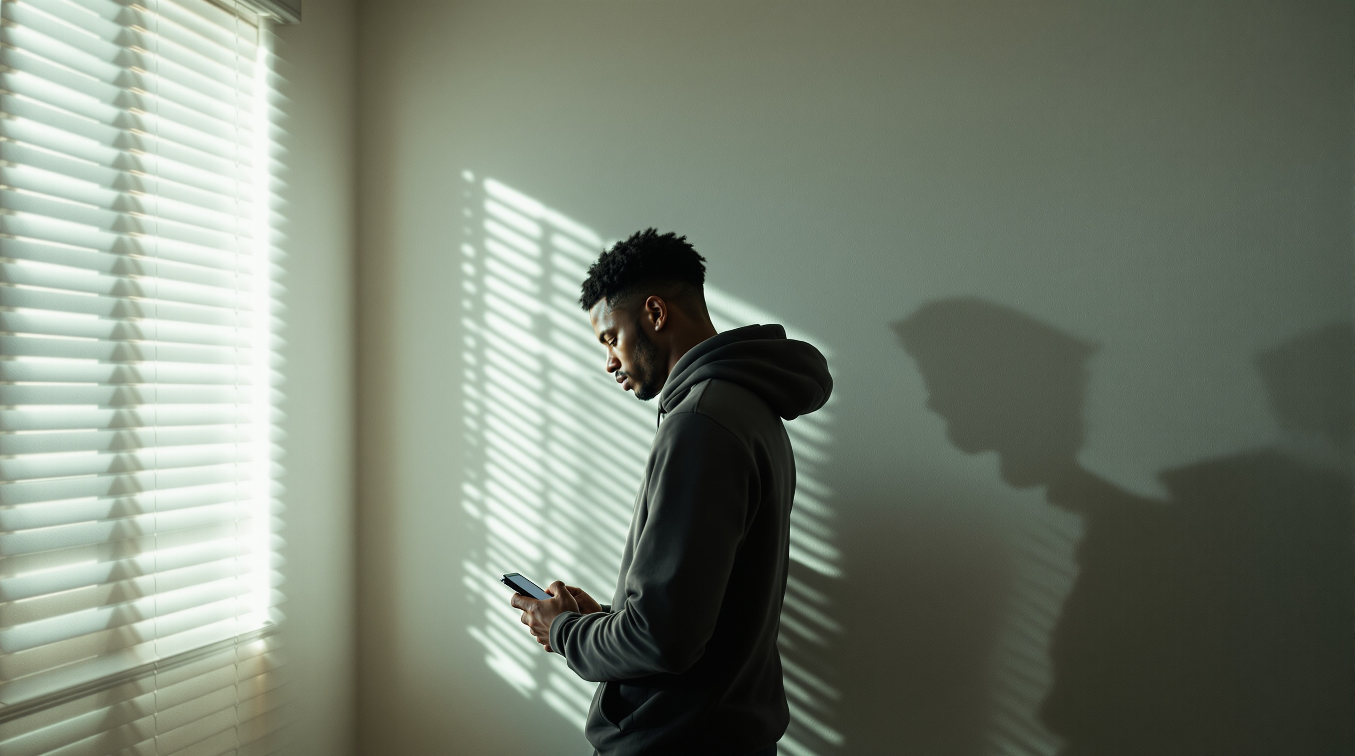 A man silhouetted against hard daylight through window blinds, checking his phone.
