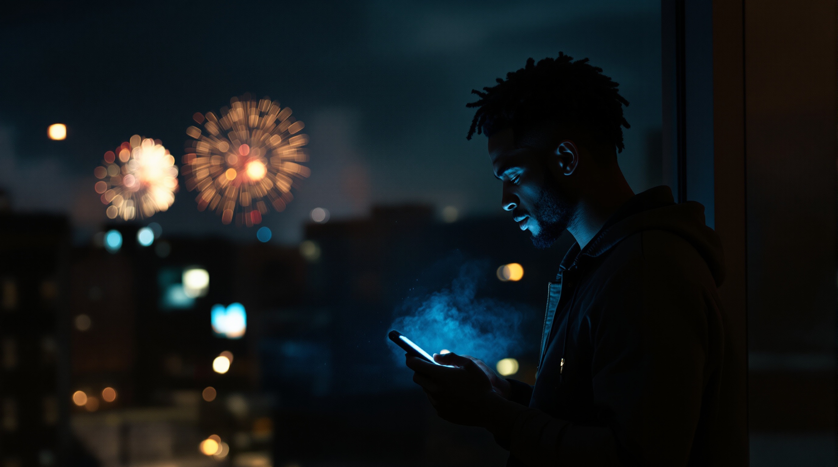 A man alone at a high window at night, distant fireworks blurred behind him, lit only by his phone.