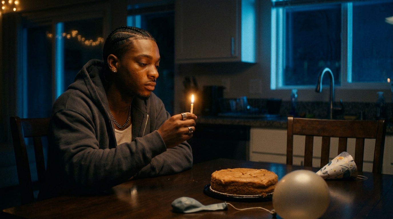 Vulture alone at the same kitchen table holding one lit candle, the chair across from him empty.
